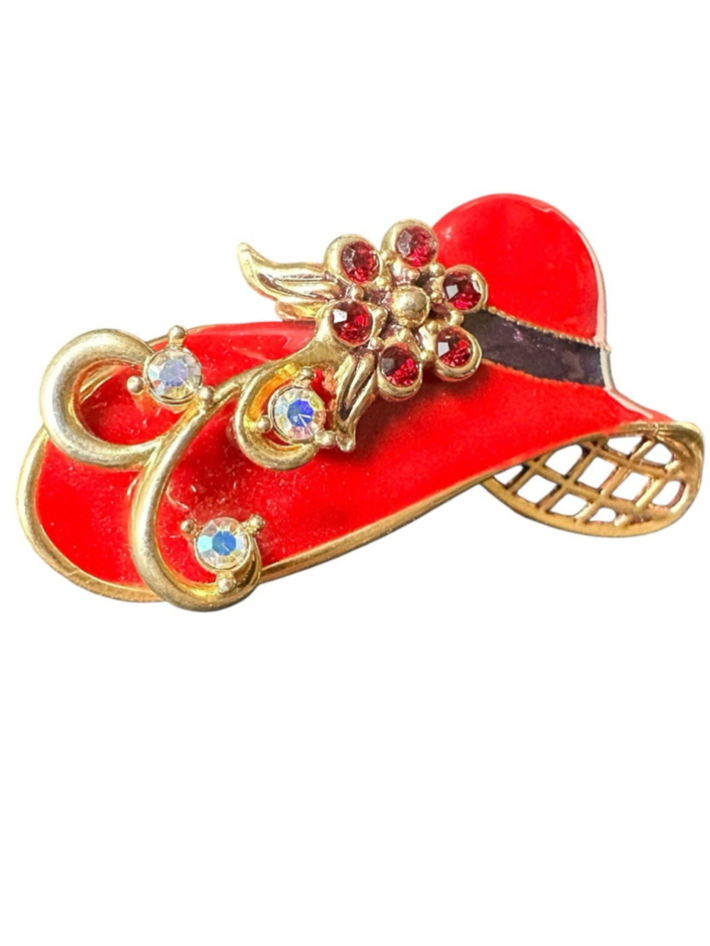 Vintage Avon “Fancy Hat” Brooch Red Enamel and Rhinestones 2” Pin